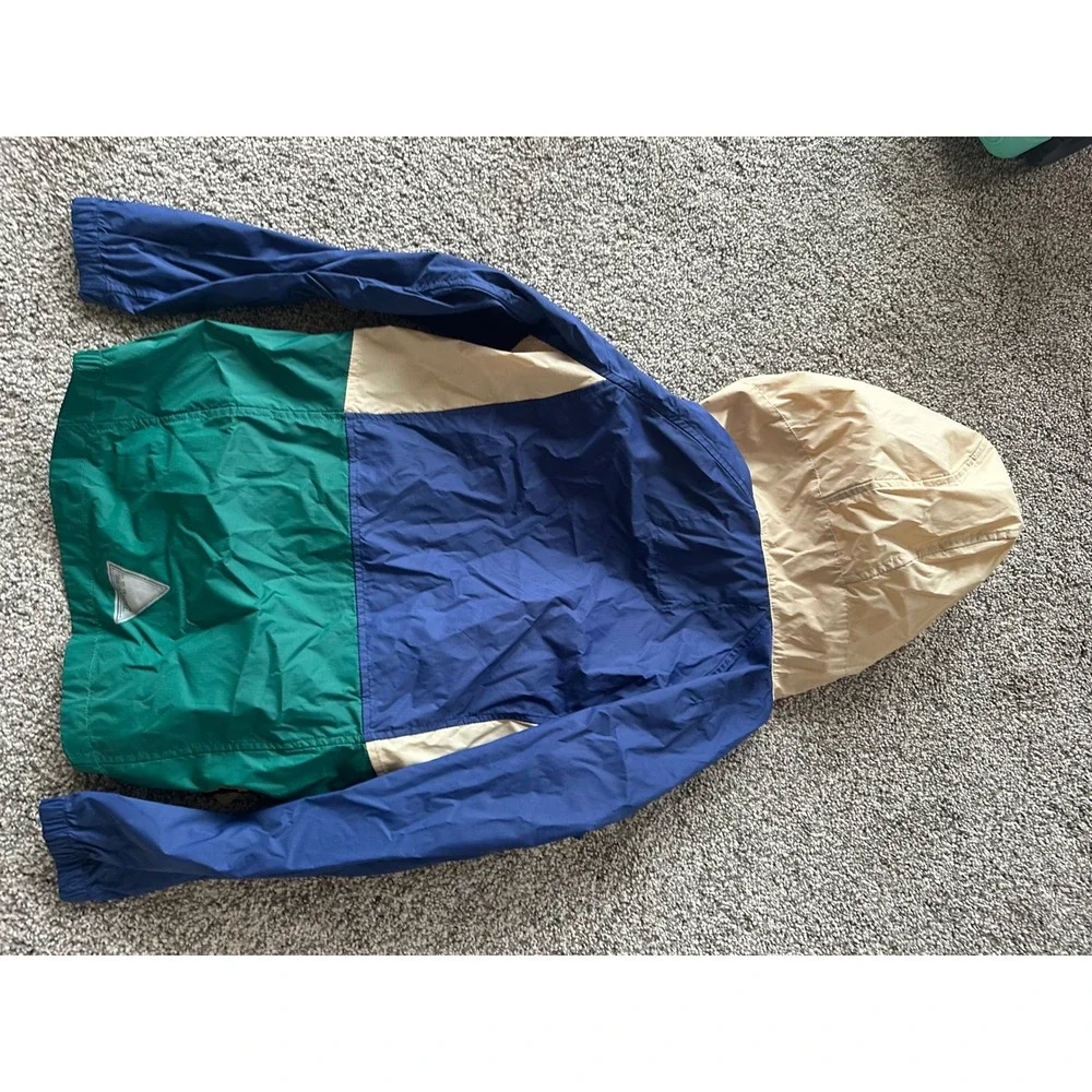 LL Bean Kids Discovery Rain Jacket Colorblock Windbreaker Blue Green Tan Size 8